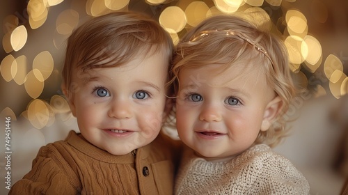 two young children pose for a picture in front of a boke of lights and a christmas tree in the background. photo