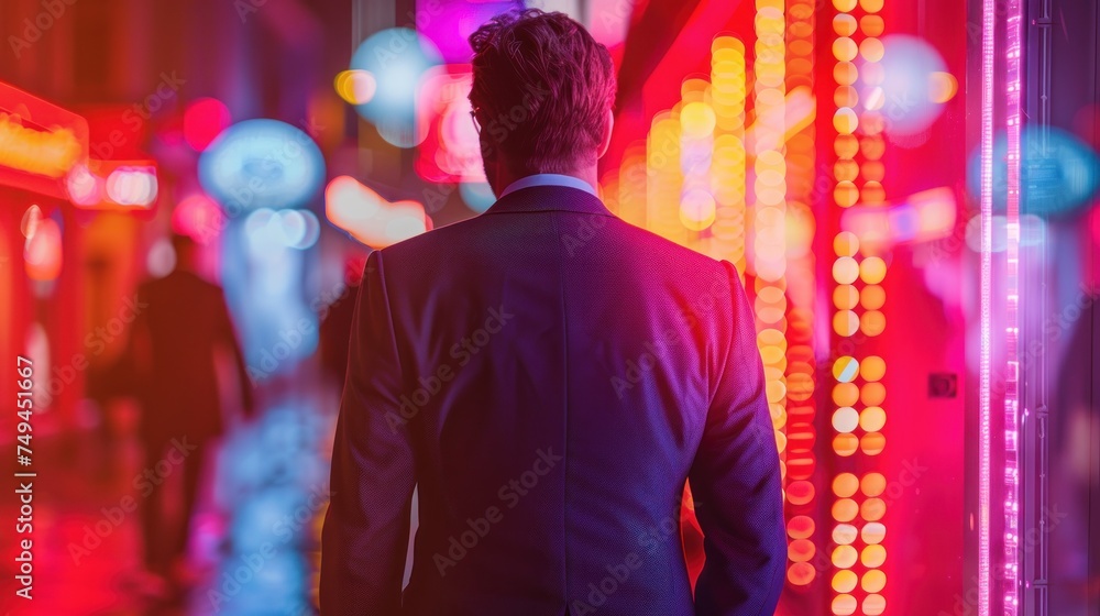 a man in a suit standing in front of a neon display of neon lights in a room with a man in a suit standing in front of neon lights.