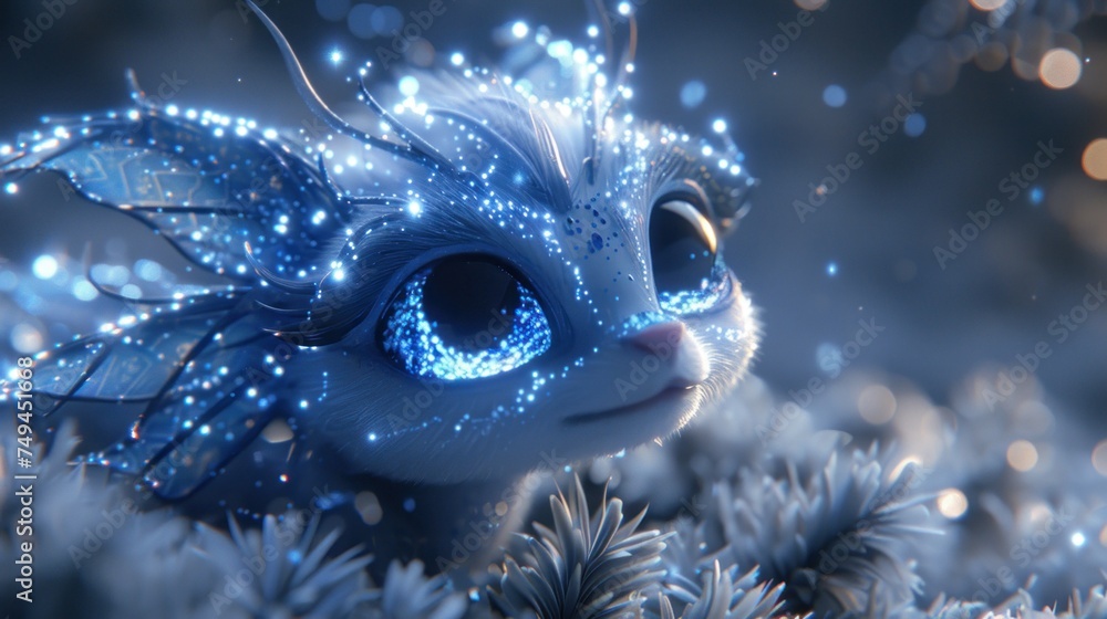 a close up of a cat with blue lights on it's eyes and a snowflake in the background.