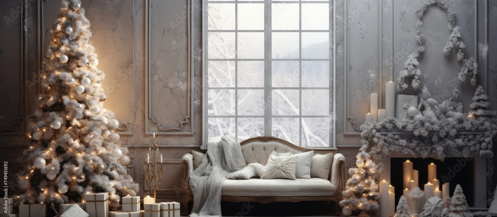 The living room is filled with multiple Christmas trees decorated with festive ornaments and fairy lights. A cozy couch sits in the center, surrounded by the holiday spirit. The living room is filled with multiple Christmas trees decorated with festive ornaments and fairy lights. A cozy couch sits in the center, surrounded by the holiday spirit.