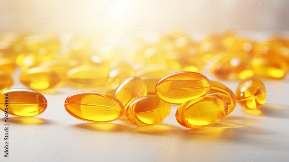 Fish oil omega 3 gel capsules on golden bokeh background.
Fish oil omega 3 gel capsules on golden bokeh background.