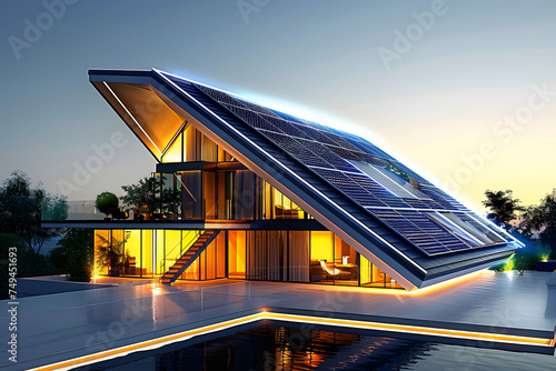 Modern ecofriendly home equipped with highefficiency residential solar panels on the roof, harnessing renewable energy from the sun for sustainable green power generation. photo