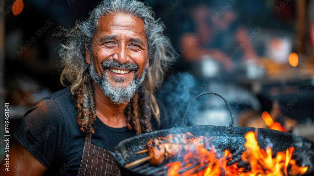 a man with dreadlocks and a black shirt is holding a large skillet of food over a fire.