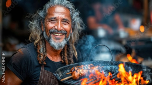 a man with dreadlocks and a black shirt is holding a large skillet of food over a fire.