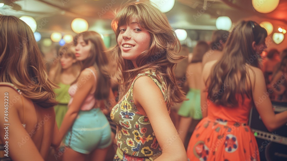 Vibrant Party Scene with Cheerful Young Woman Dancing in Retro Disco Club with Colorful Fashion