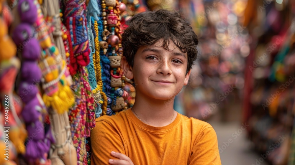 Obraz premium a young boy is standing in front of a wall of bracelets and necklaces for sale at a market.