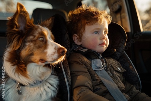 photo of a small red-haired child sitting in a child seat, next to him in the back seat of a luxury car is his Australian shepherd, Merle