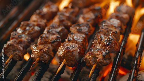 A grill with skewers of meat on it, all on a wooden stick. The flames are orange