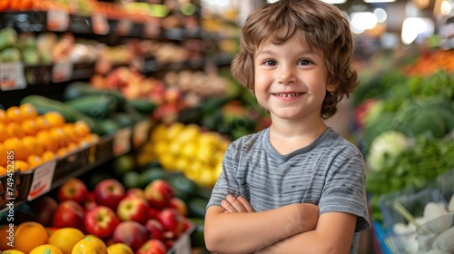 a young boy standing in front of a fruit and vegetable section of a grocery store in front of a display of fruits and vegetables. photo