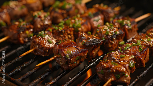 A grill with skewers of meat on it  all on a wooden stick. The flames are orange