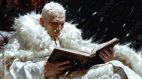 a painting of a man in a white fur coat reading a book while wearing a red tie and holding a book in his hands. photo