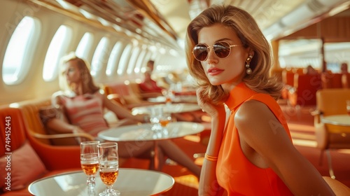 Elegant Woman in Orange Dress with Sunglasses Sipping Wine in Luxury Train Coach During Golden Hour © pisan