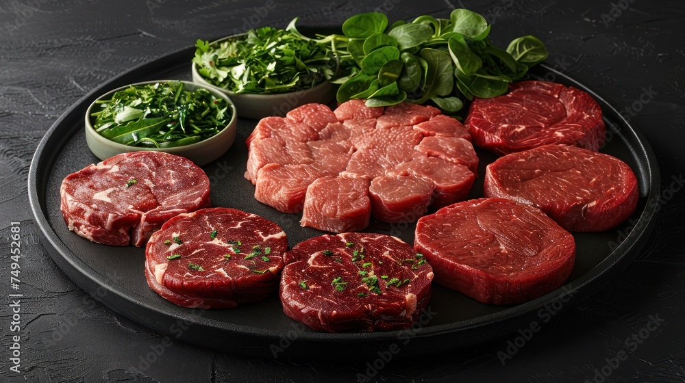 a plate of raw meat, greens, and seasoning on a black surface with a bowl of greens in the background.