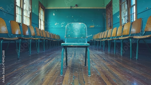 a green chair sitting in front of a row of empty chairs in a room with wooden floors and green walls. photo