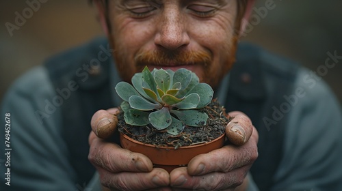 a close up of a person holding a small potted plant with a succulent growing out of it. © Ilona