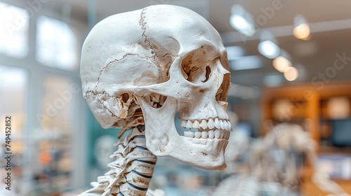 a model of a human skeleton is displayed in a glass case in a museum of bones and bones, including the upper half of the skull and lower half of the lower half of the upper half of the head. © Ilona