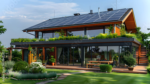Modern ecofriendly home equipped with highefficiency residential solar panels on the roof, harnessing renewable energy from the sun for sustainable green power generation.