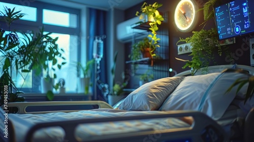 a hospital bed in a room with plants on the wall and a large clock on the wall above the bed. photo