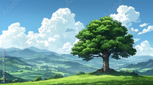 a painting of a tree in the middle of a green field with mountains in the background and clouds in the sky.
