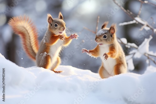 two squirrels in the snow with a nut in the winter forest