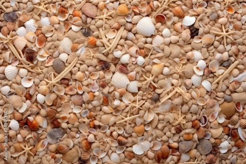 Seashells and starfish on sand as background, top view