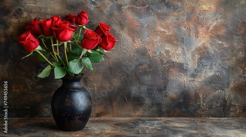 a black vase with a bunch of red roses in it on a table in front of a gray and black wall.