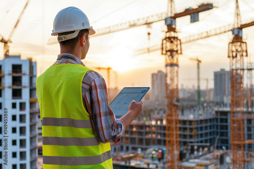 Engineer in a white helmet and yellow vest standing on a construction site roof with cranes, utilizing a tablet. Engineer in a white helmet and yellow vest standing on a construction site roof with cranes, utilizing a tablet.