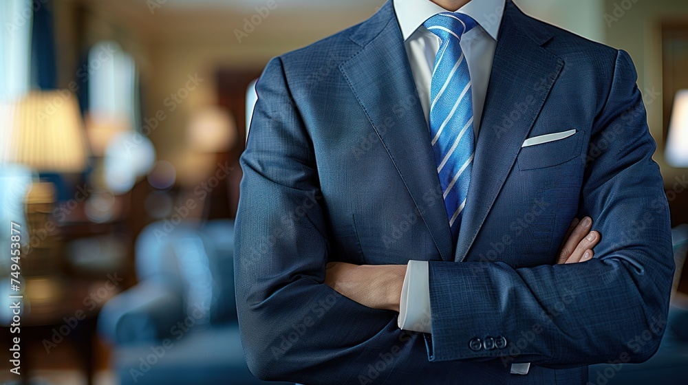 © Ilona - a close up of a person wearing a suit and tie with his arms crossed and a blue couch in the background.
