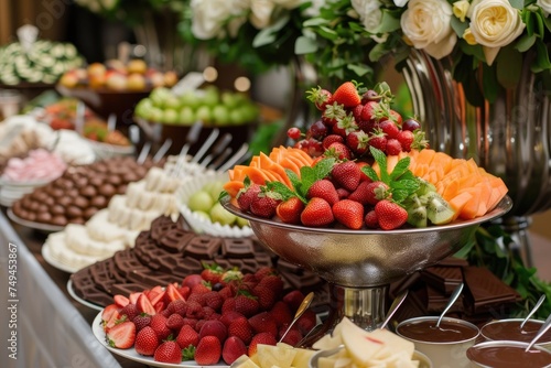 variety of delicious sweets and fruits on table