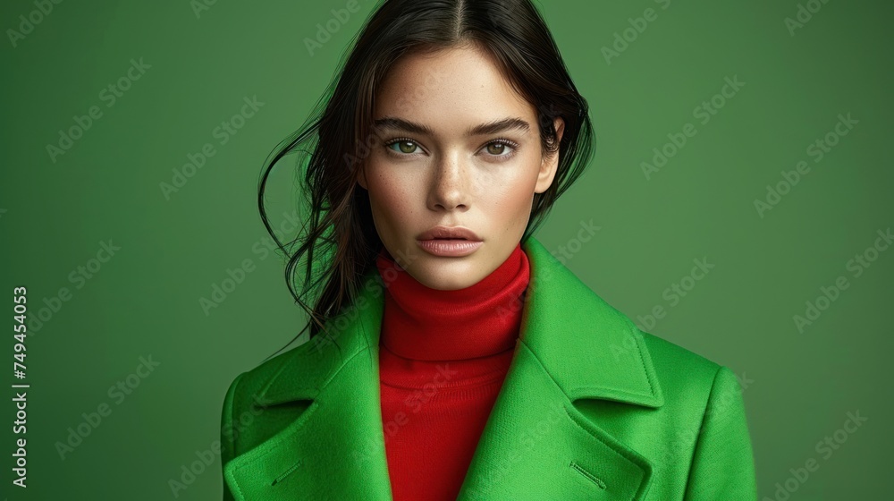 a woman in a green coat with a red turtle neck sweater and a red turtle neck sweater and a green background. a woman in a green coat with a red turtle neck sweater and a red turtle neck sweater and a green background.