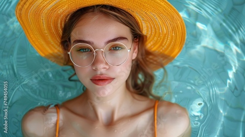 a woman in a yellow hat and glasses in a pool of water wearing a yellow hat and a pair of glasses. photo
