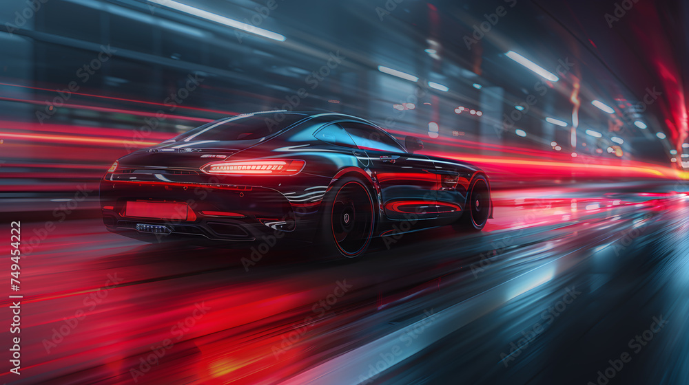 Luxury black car driving in the city during nighttime Luxury black car driving in the city during nighttime