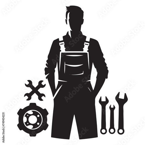 Focused Mechanic Silhouette Repairing with Precision - Mechanic Illustration - Mechanic Vector
