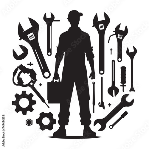 Skilled Mechanic Silhouette Working with Expertise - Mechanic Illustration - Mechanic Vector
