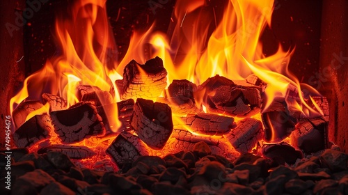 Burning fireplace. Close-up illustration of vivid orange flames engulfing charred logs, with sparks and glowing embers.