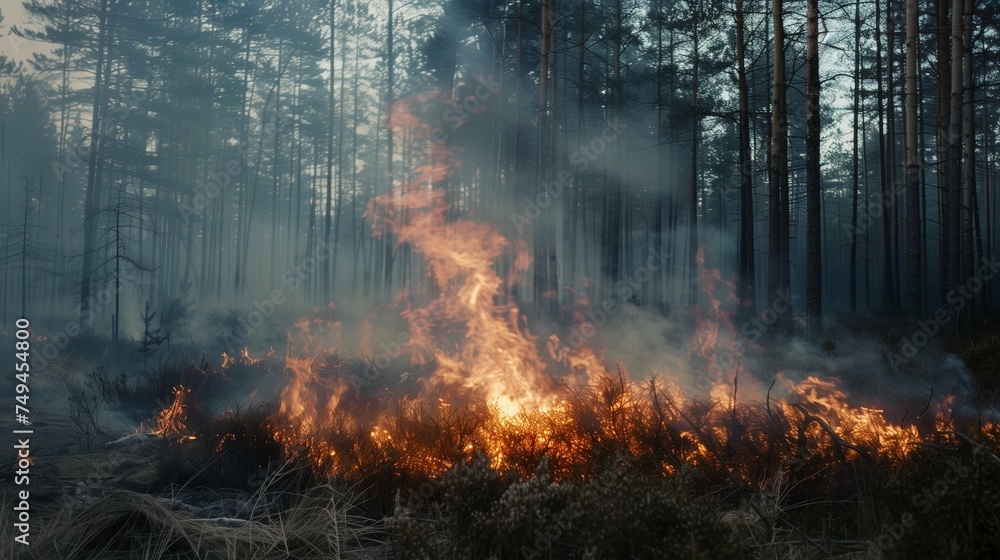Controlled burn in a forest setting with flames consuming underbrush and producing smoke, creating a dramatic scene amidst tall pine trees. - obrazy, fototapety, plakaty 