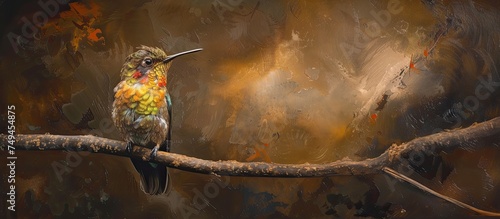 A painting depicting a colorful rainbow bearded female thornbill bird perched gracefully on a branch. The birds vibrant feathers contrast beautifully with the green foliage in the background. photo