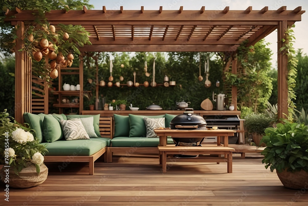 luxury wooden teak deck with BBQ grill and decor furniture. Side view of a wooden pergola in green garden with a sun flares in the background.