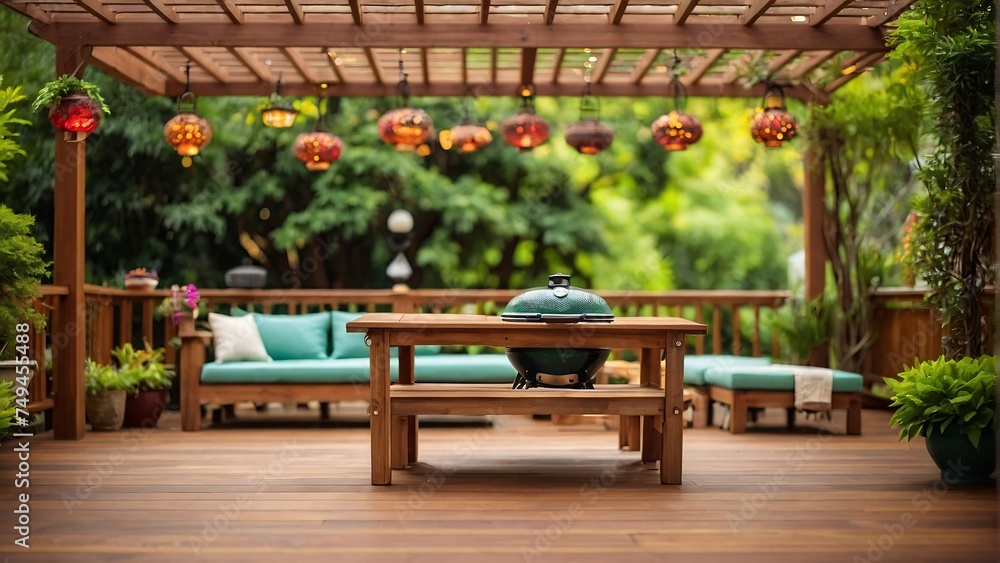 luxury wooden teak deck with BBQ grill and decor furniture. Side view ...