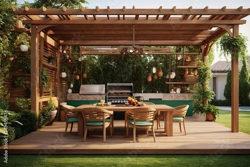 luxury wooden teak deck with BBQ grill and decor furniture. Side view of a wooden pergola in green garden with a sun flares in the background.