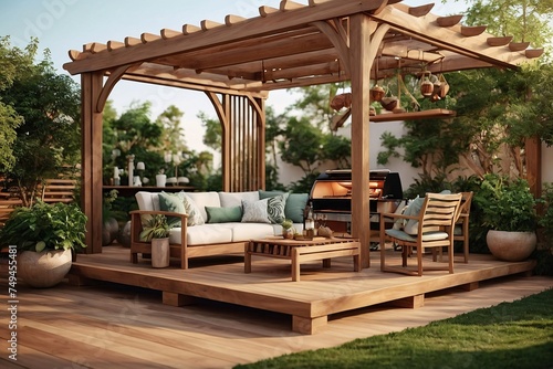 luxury wooden teak deck with BBQ grill and decor furniture. Side view of a wooden pergola in green garden with a sun flares in the background. © Graphic Gem Market