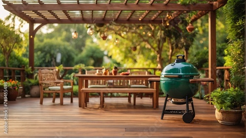 luxury wooden teak deck with BBQ grill and decor furniture. Side view of a wooden pergola in green garden with a sun flares in the background.