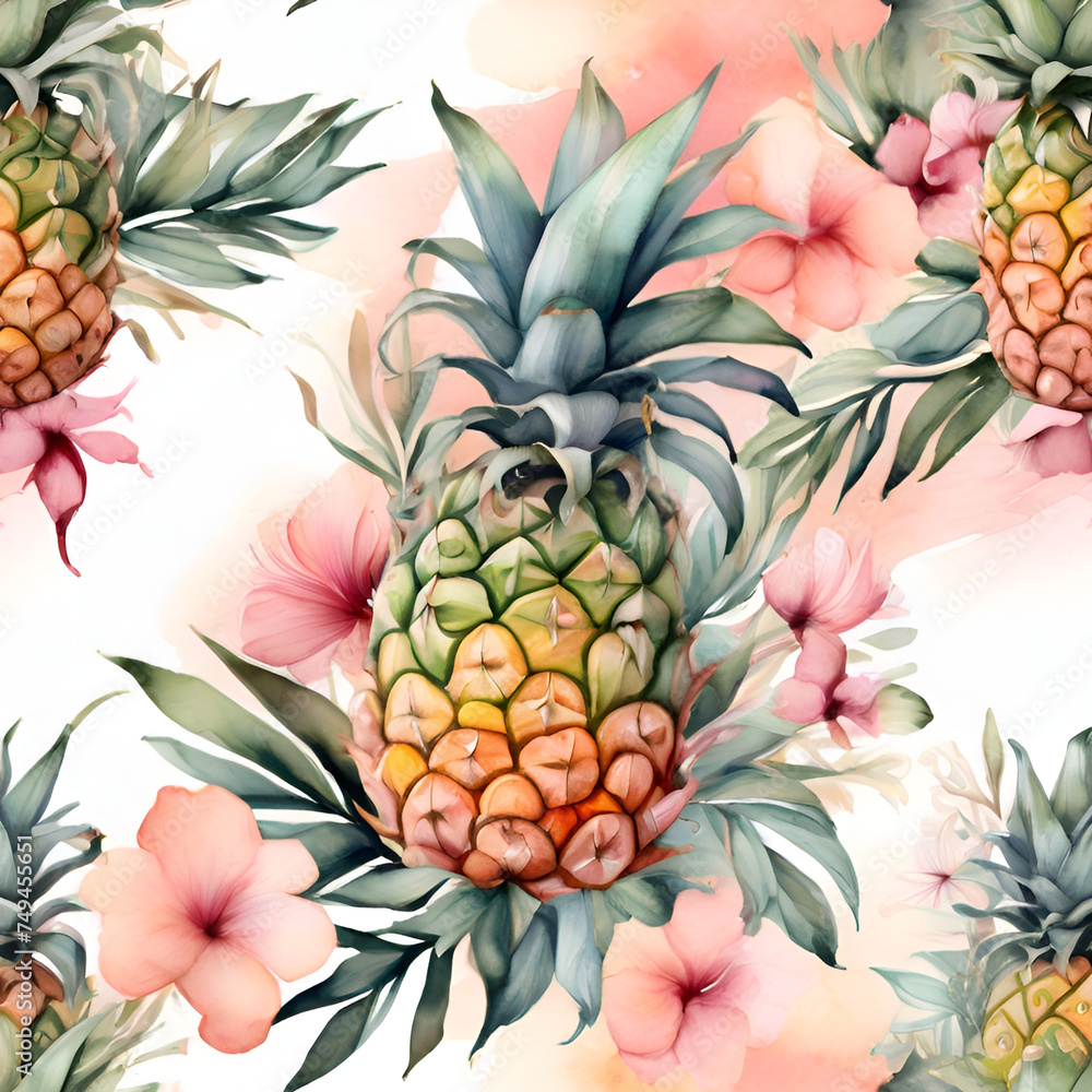 Obraz premium Watercolor pineapple pattern, generative ai