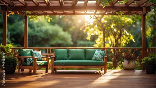 luxury wooden teak deck with BBQ grill and decor furniture. Side view of a wooden pergola in green garden with a sun flares in the background.