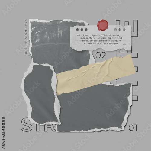 Photo collage template with torn paper. Blank moodboard