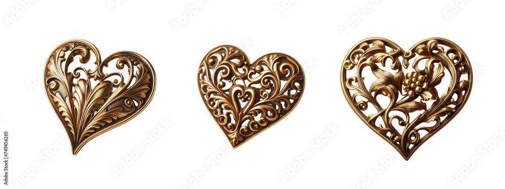Love brooch made of gold with intricate design isolate on white 3 set PNG Love brooch made of gold with intricate design isolate on white 3 set PNG