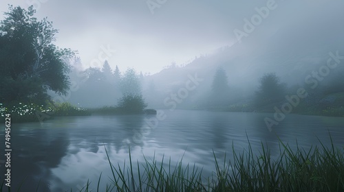 Foggy morning by the lake and river, with mist hovering over the tranquil water, reflecting the rising sun amidst the serene natural landscape, surrounded by trees and clouds, creating a peaceful ambi