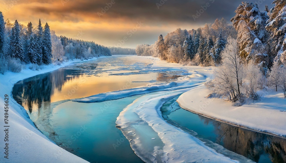 Landscape frozen and snow-covered river surface