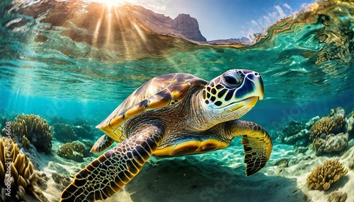 Close up beautiful realistic turtle under the sea