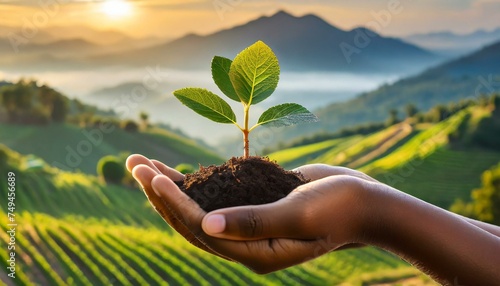 Hand holding a plant with soil with landscape background